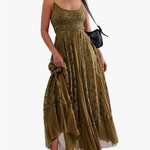 Amazon Olive Lace Maxi Dress with Smocked Bodice
